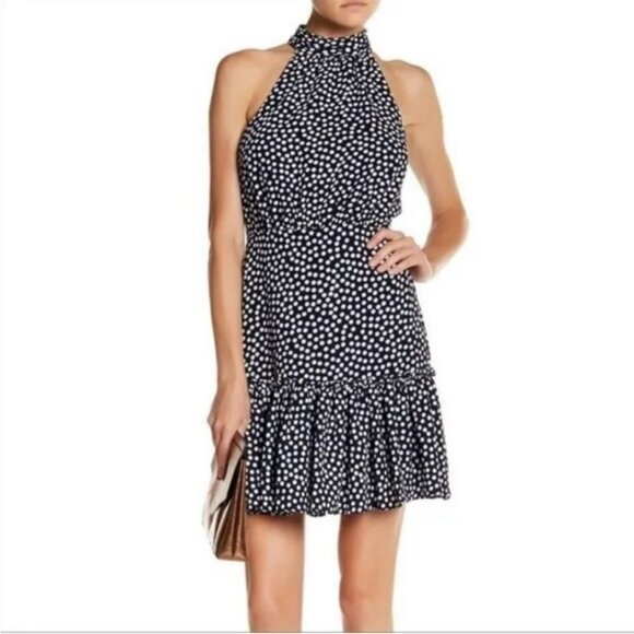Betsey Johnson Halter Dress with Ruffled Hem Navy with White Polka Dots Size 4 - Picture 1 of 12